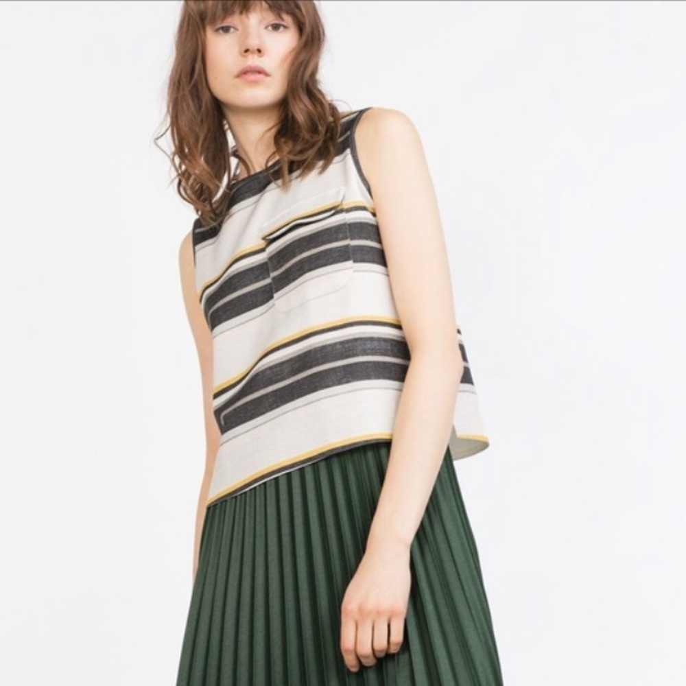 |Zara| Green Yellow Ivory Striped Sleeveless Top